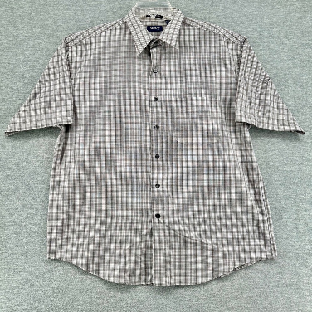 Arrow Button Up Shirt Mens L Gray Plaid Wrinkle Free Short Sleeve Pocket Classic